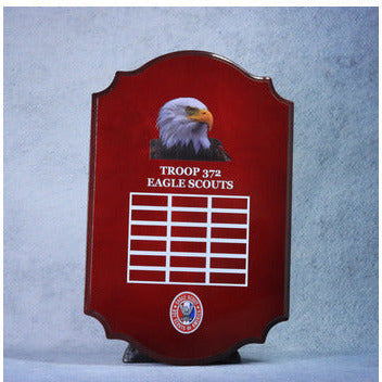 Scalloped piano-finished plaque with a red gloss, an eagle graphic, "TROOP 372 EAGLE SCOUTS," and a grid.