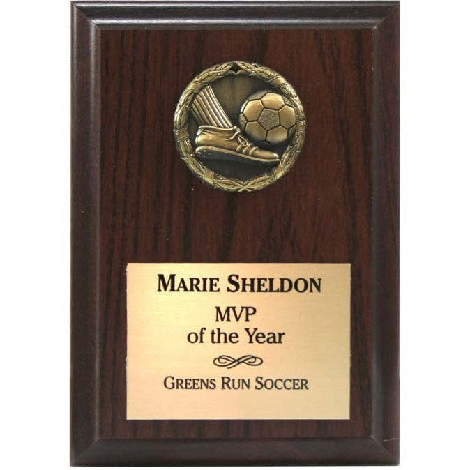 Cherry finished plaque with a 2" antique gold soccer medallion and personalized gold-tone engraved plate.