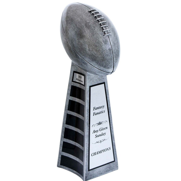 Glossy silver ceramic resin football trophy tower with engraved plates, resembling the Super Bowl trophy.