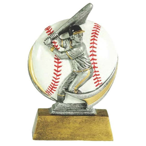 A trophy featuring a resin sculpture of a baseball player mid-swing, with red decorative elements resembling baseballs, mounted on a gold-colored base.