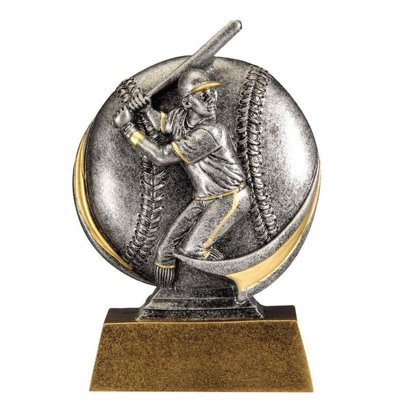 5.25" silver and gold resin baseball award with a batter figure on a baseball design.