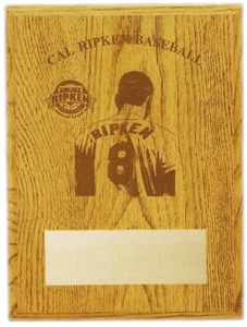 Light oak Cal Ripken Baseball award plaque with player graphic and gold tone personalization plate.