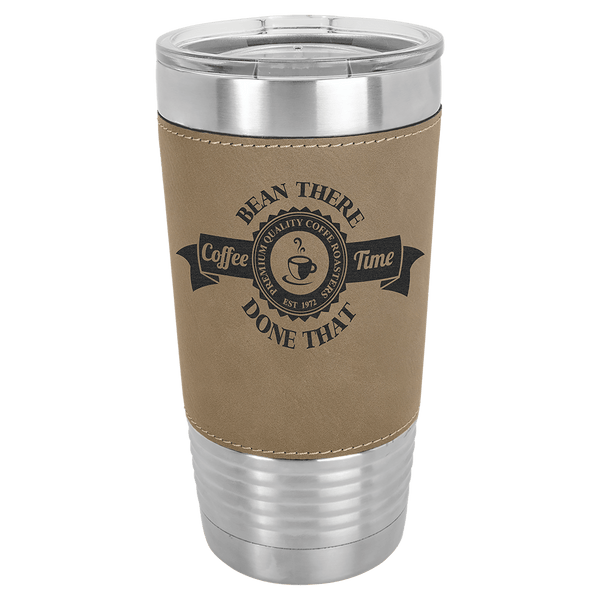 20 oz. light brown laserable leatherette tumbler with clear lid and coffee roasters logo.