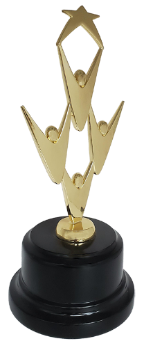 Gold metal team victory figure with 4 triumphant individuals, a star, and a sleek black base.