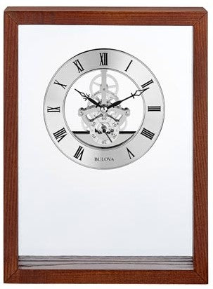 Bulova Shadowbox Clock with walnut-stained ash hardwood frame and silver skeleton movement.