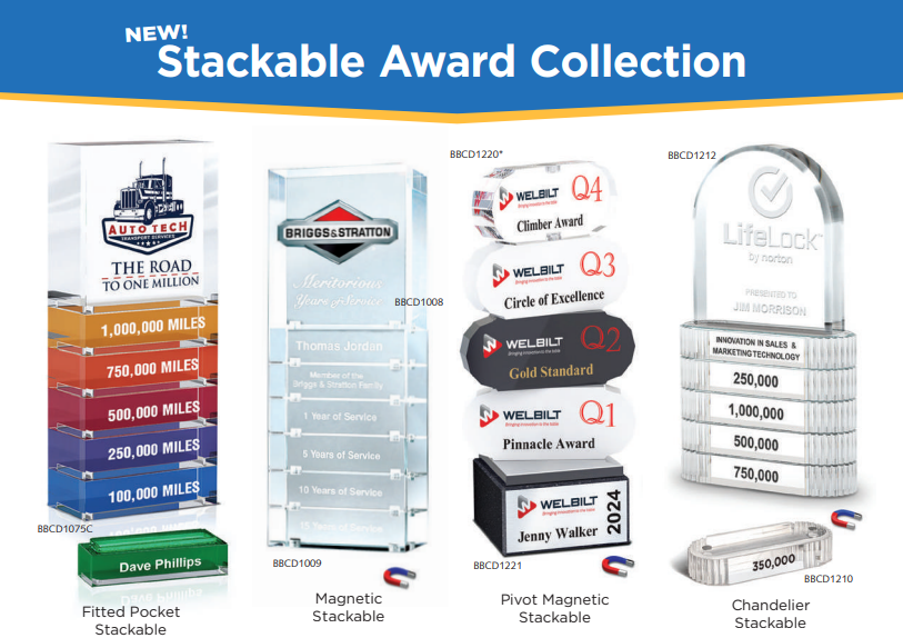 Clear acrylic stackable awards with customizable bars and bases, featuring various designs like magnetic and pivot styles.
