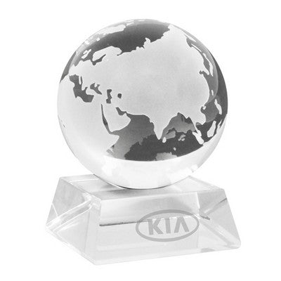 Clear crystal globe award with etched world map on a rectangular glass base.