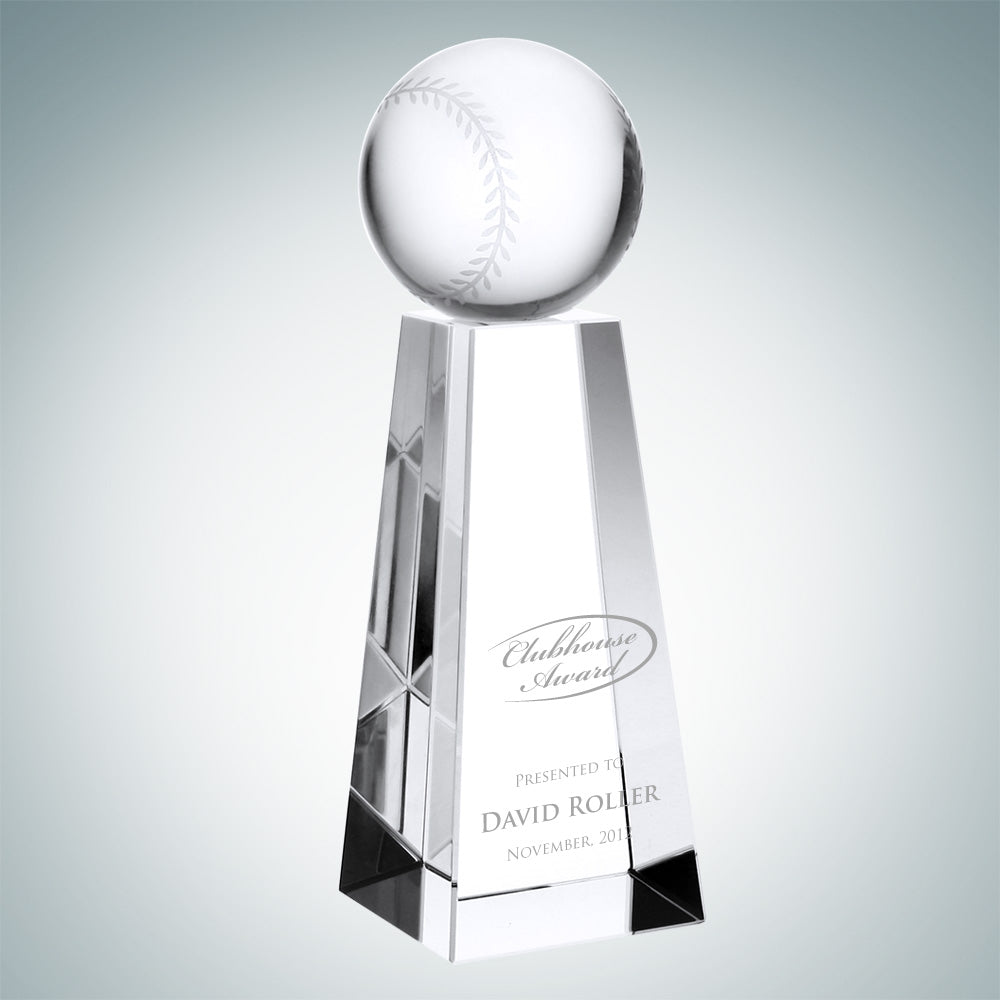 Clear crystal baseball tower award with a tall trapezoidal base and etched baseball on top.