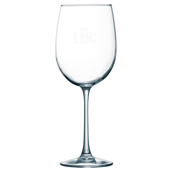Clear 19 oz. Polar Camel wine glass, 9" H, with custom "LBc" engraving.