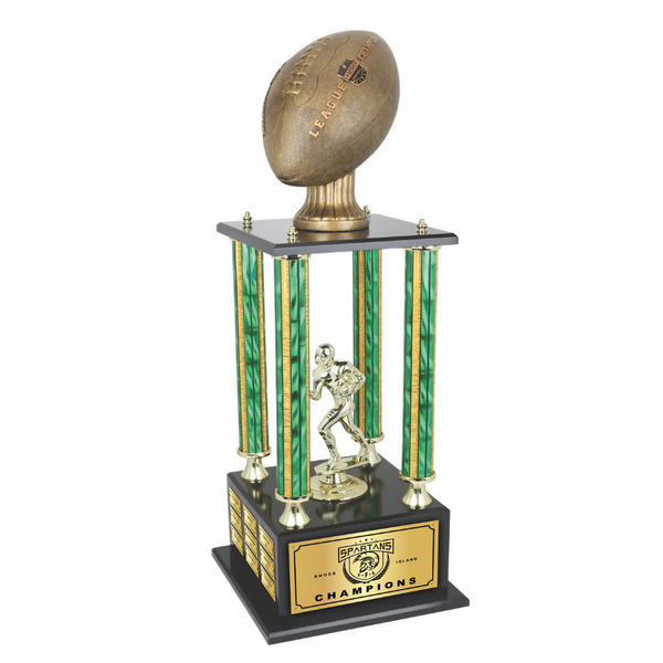 40" tall perpetual fantasy football trophy with a bronze cast football, gold figure, and green columns on a walnut base.