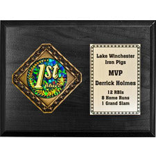 Horizontal black wood plaque with a gold diamond medal featuring a colorful "1st place" insert and a customizable text plate.