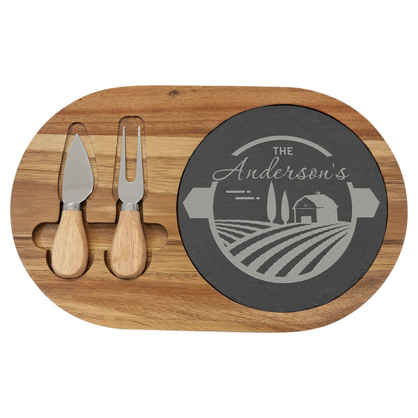 Acacia wood and slate oval cheese set with two tools, featuring a personalized farm scene design.