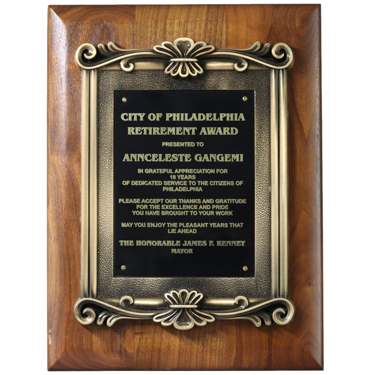 Solid Black Walnut Plaque with Cast Antique Gold Metal Scroll Frame