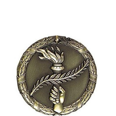 Bronze 3D cast medal with a torch, hand, and laurel wreath design.