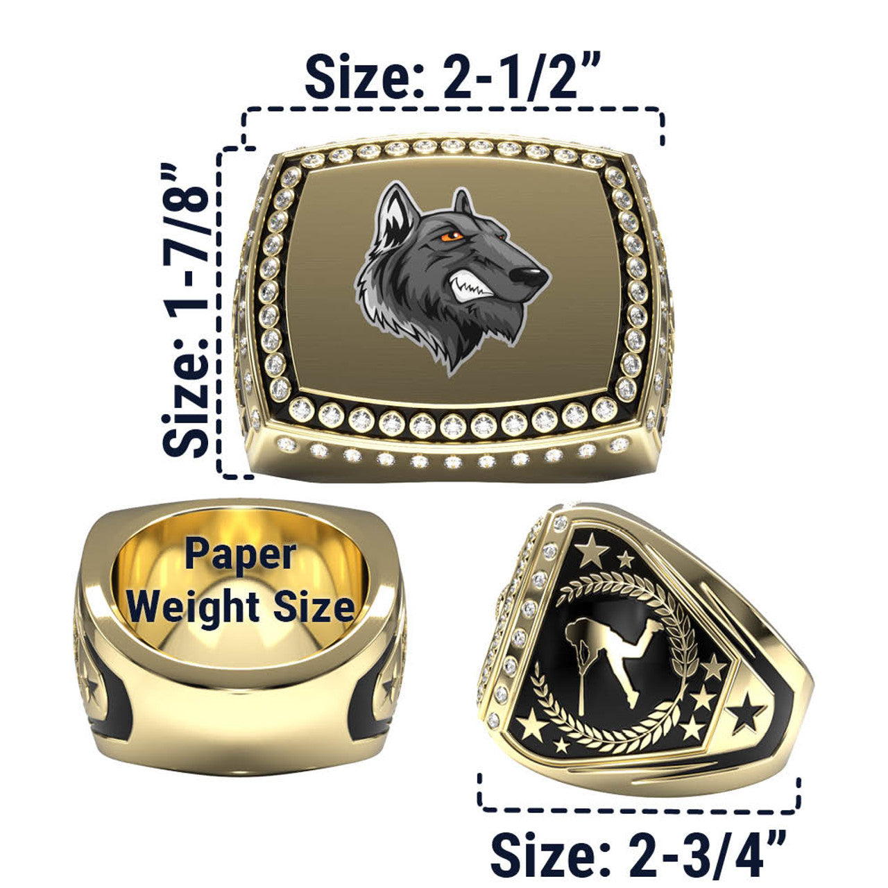 Gold Titan Ring with custom wolf head logo, diamond accents, and side inserts.