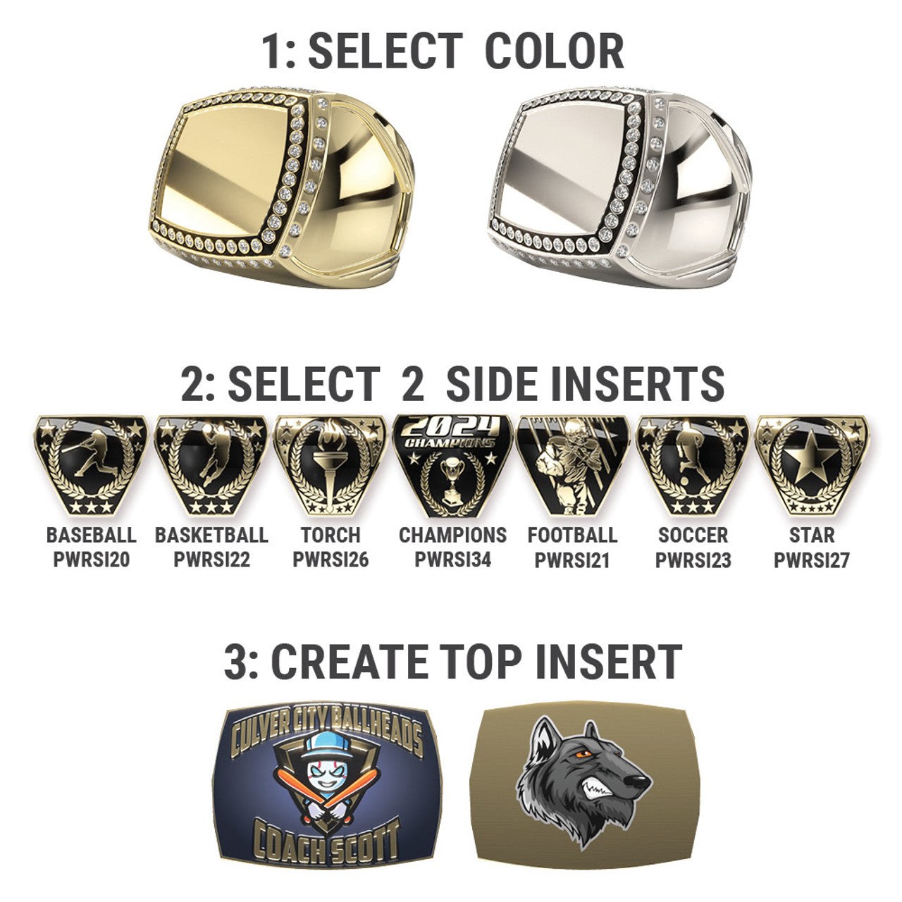 Gold and silver Titan rings with customizable faces, diamond accents, and various side insert options.