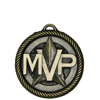 Antique bronze MVP medal with a star design and rope border.