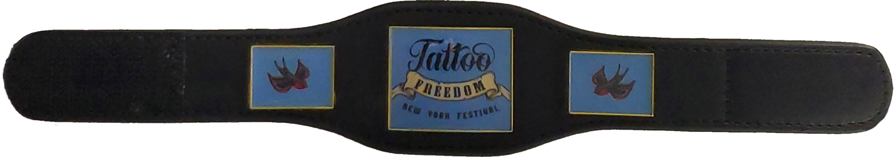 Black faux leather Champion Belt Style Bracelet with blue custom "Tattoo Freedom New York Festival" insert.