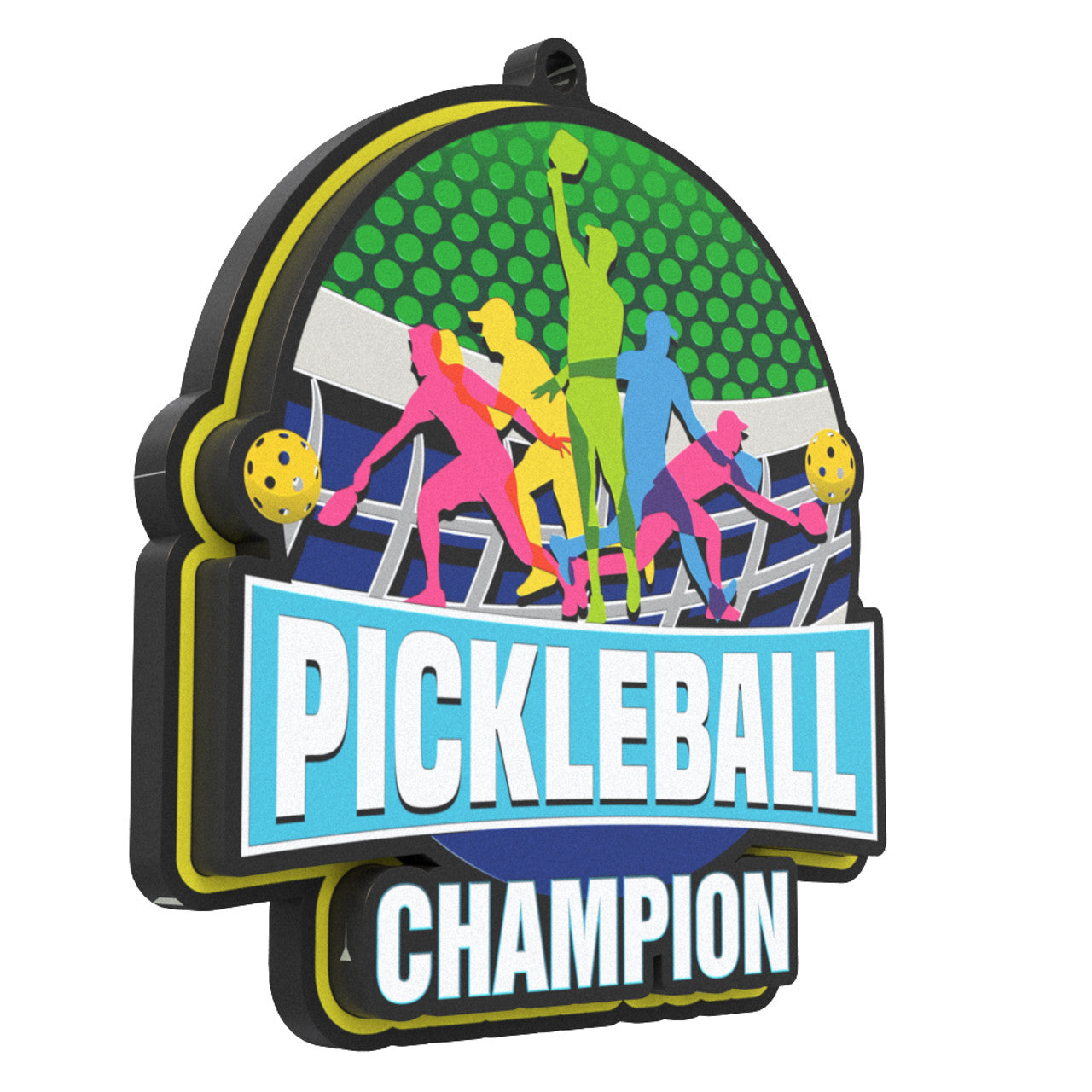 Colorful pickleball champion medal with player silhouettes and a net design.
