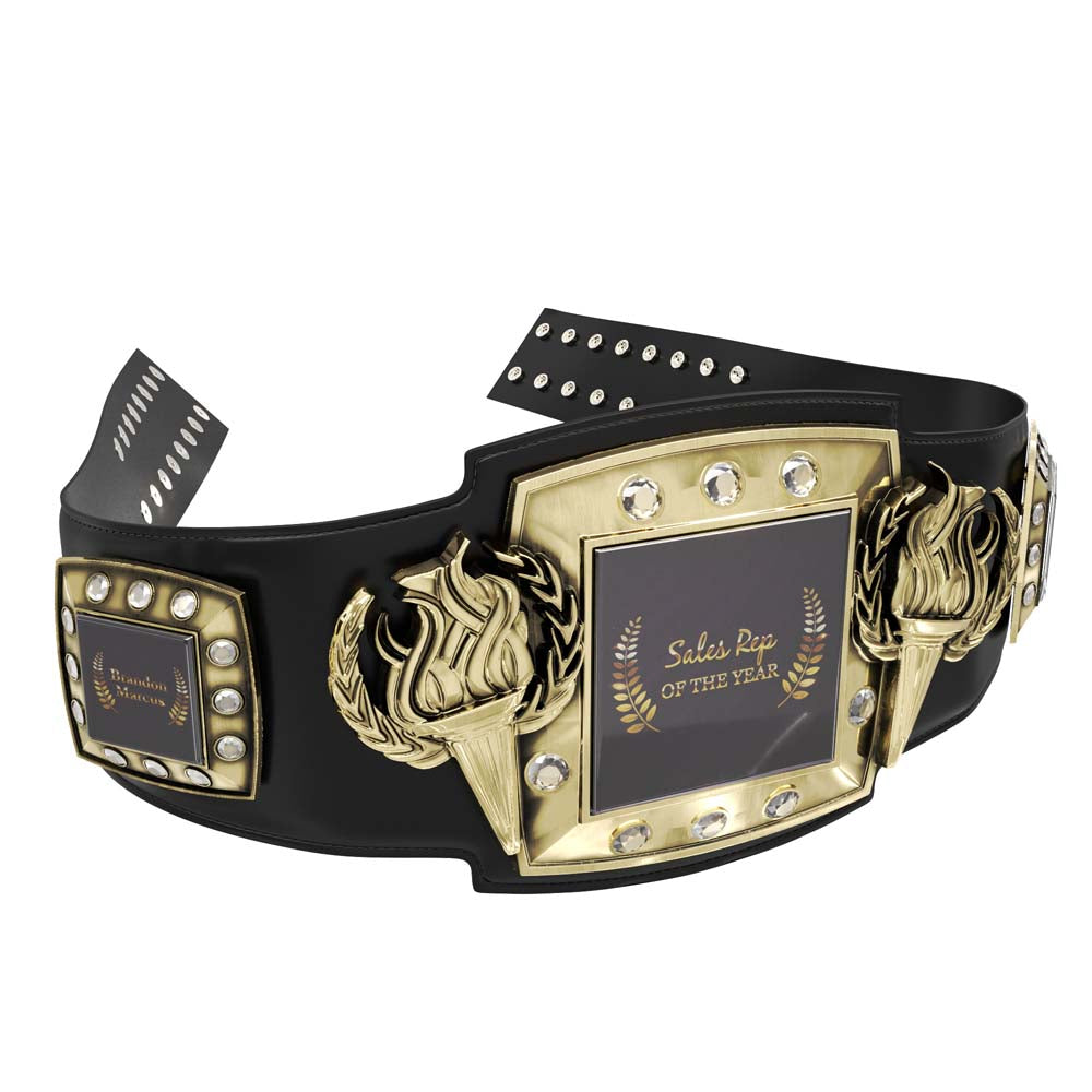 Black leather Champion Victory Award Belt with antique gold plates, 3D torches, and diamond-like stones.