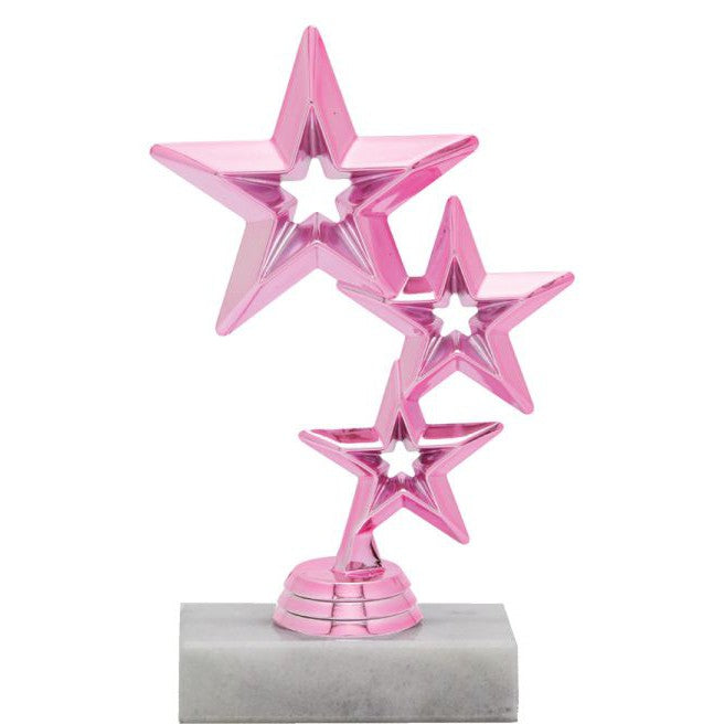 Shiny pink star figure trophy with three stars on a white marble base.